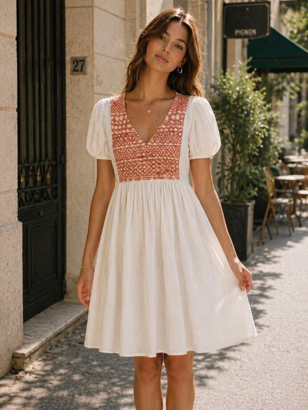 Madewell Embroidered Mini Dress White Orange Boho Cotton A-Line Puff Sleeve Size